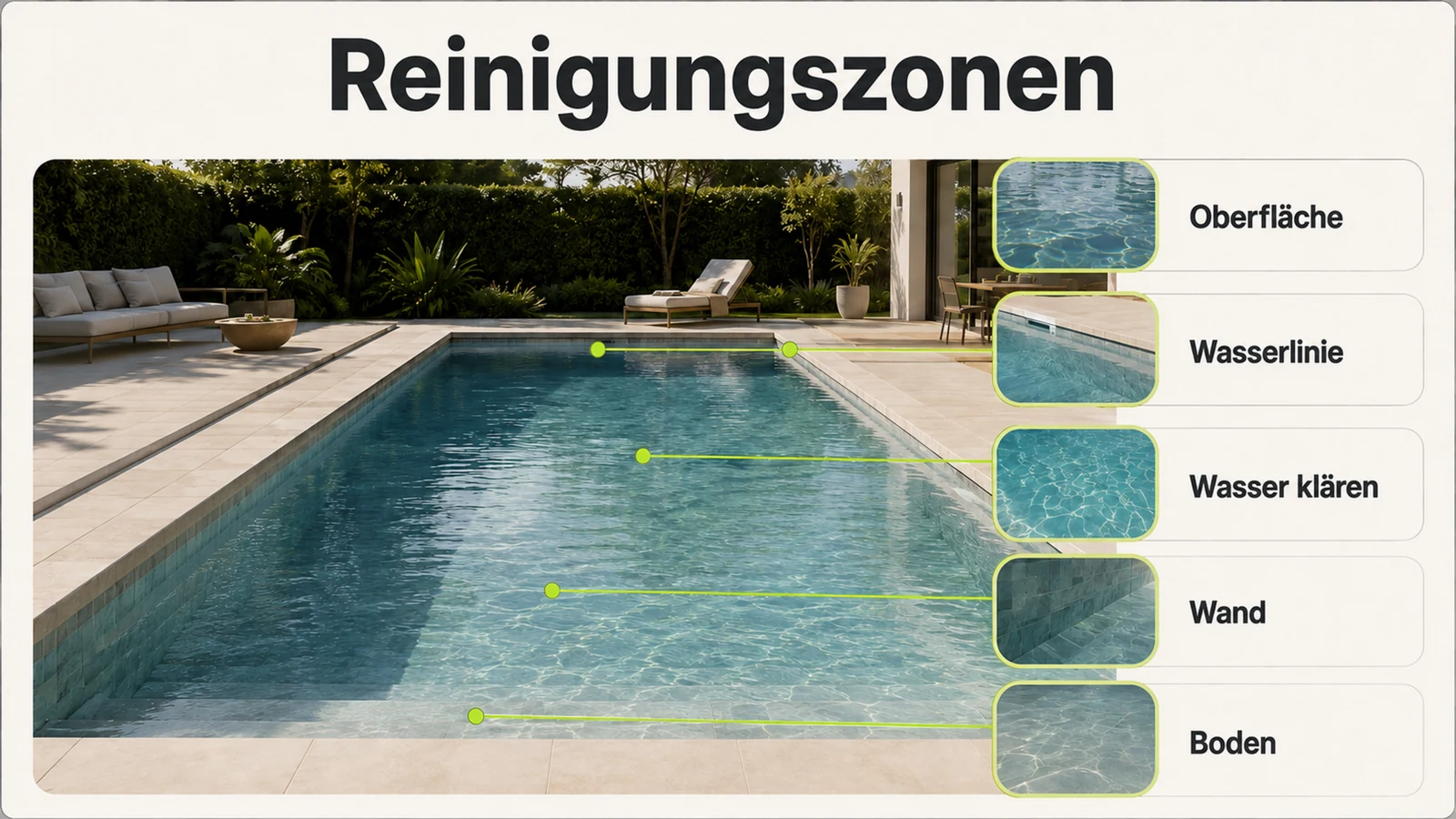 Grafik der Reinigungszonen: Boden, Wand, Wasserlinie, Wasser klären und Oberfläche