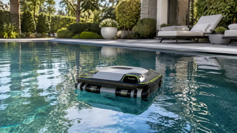 Hochwertiger Poolroboter an der Wasseroberfläche eines eleganten, sauberen Pools