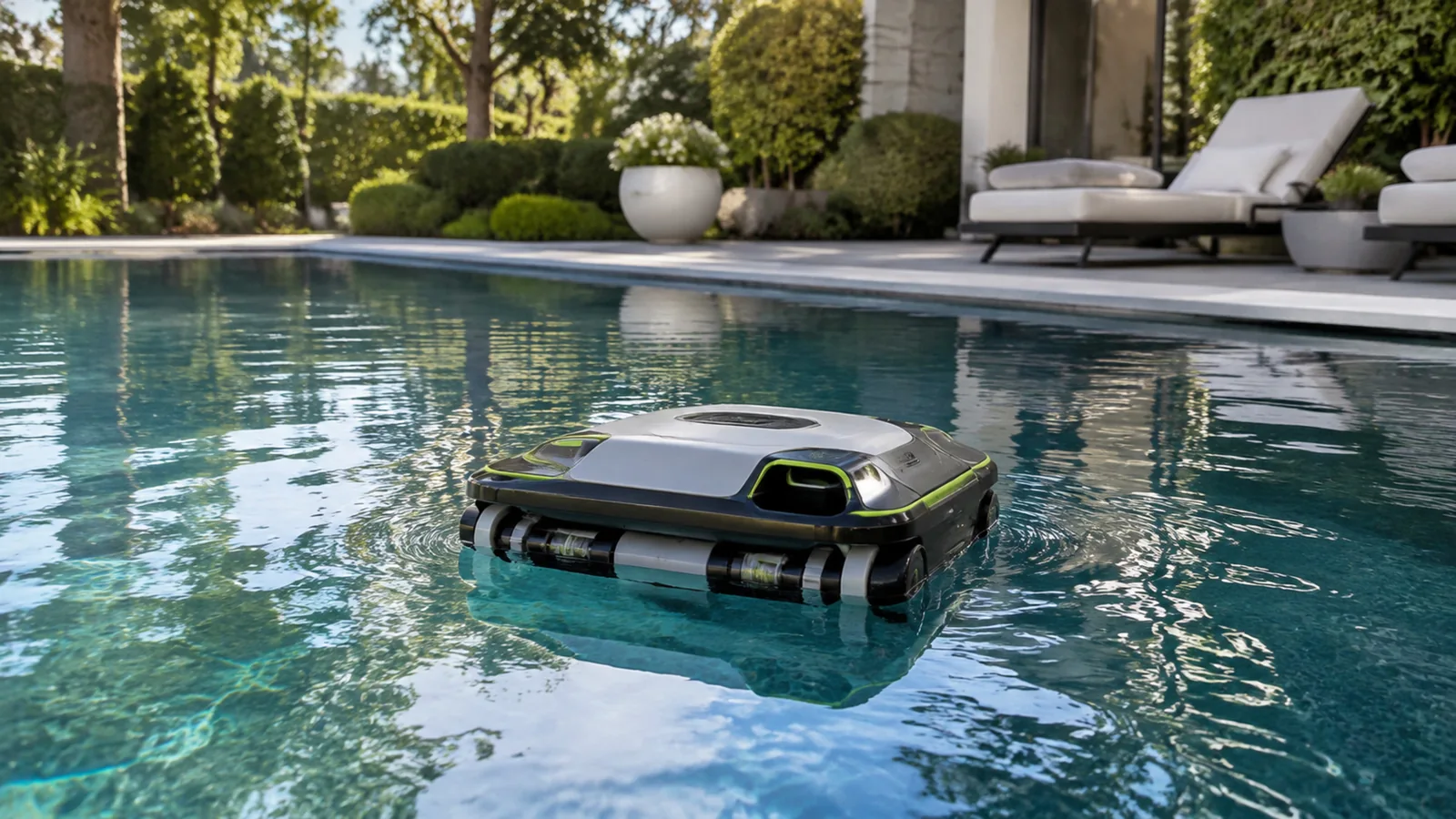 Hochwertiger Poolroboter an der Wasseroberfläche eines eleganten, sauberen Pools