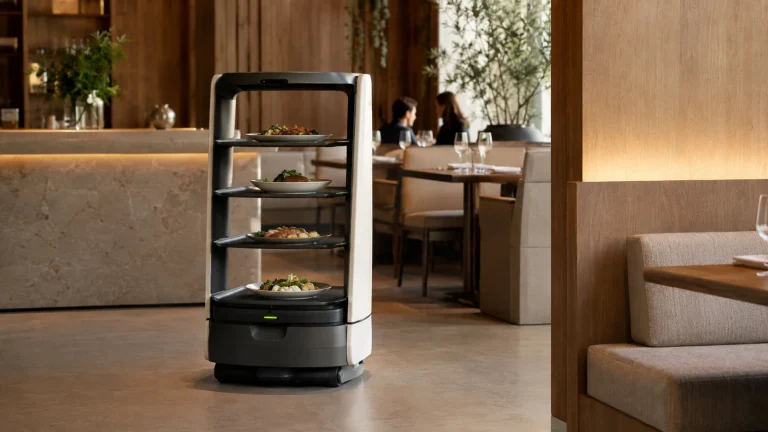 Generischer Gastro-Serviceroboter mit Tablett-Turm bringt Teller durch ein warmes, modernes Restaurant