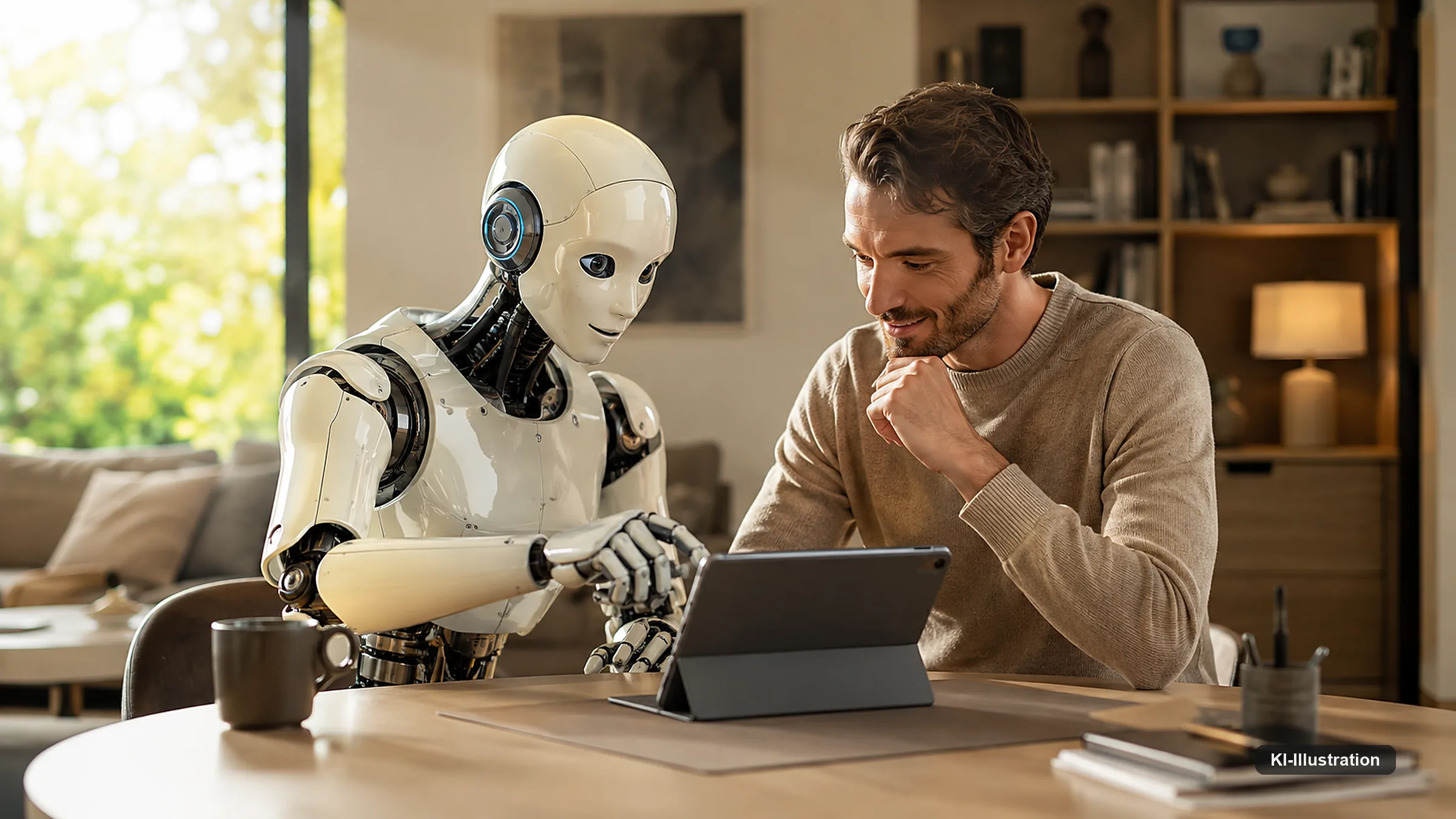 Heller Wohnraum. Ein Mann sitzt an einem Holztisch neben einem humanoiden Roboter mit weißer Verkleidung; beide blicken auf ein aufgestelltes Tablet, der Roboter deutet mit der Hand darauf.