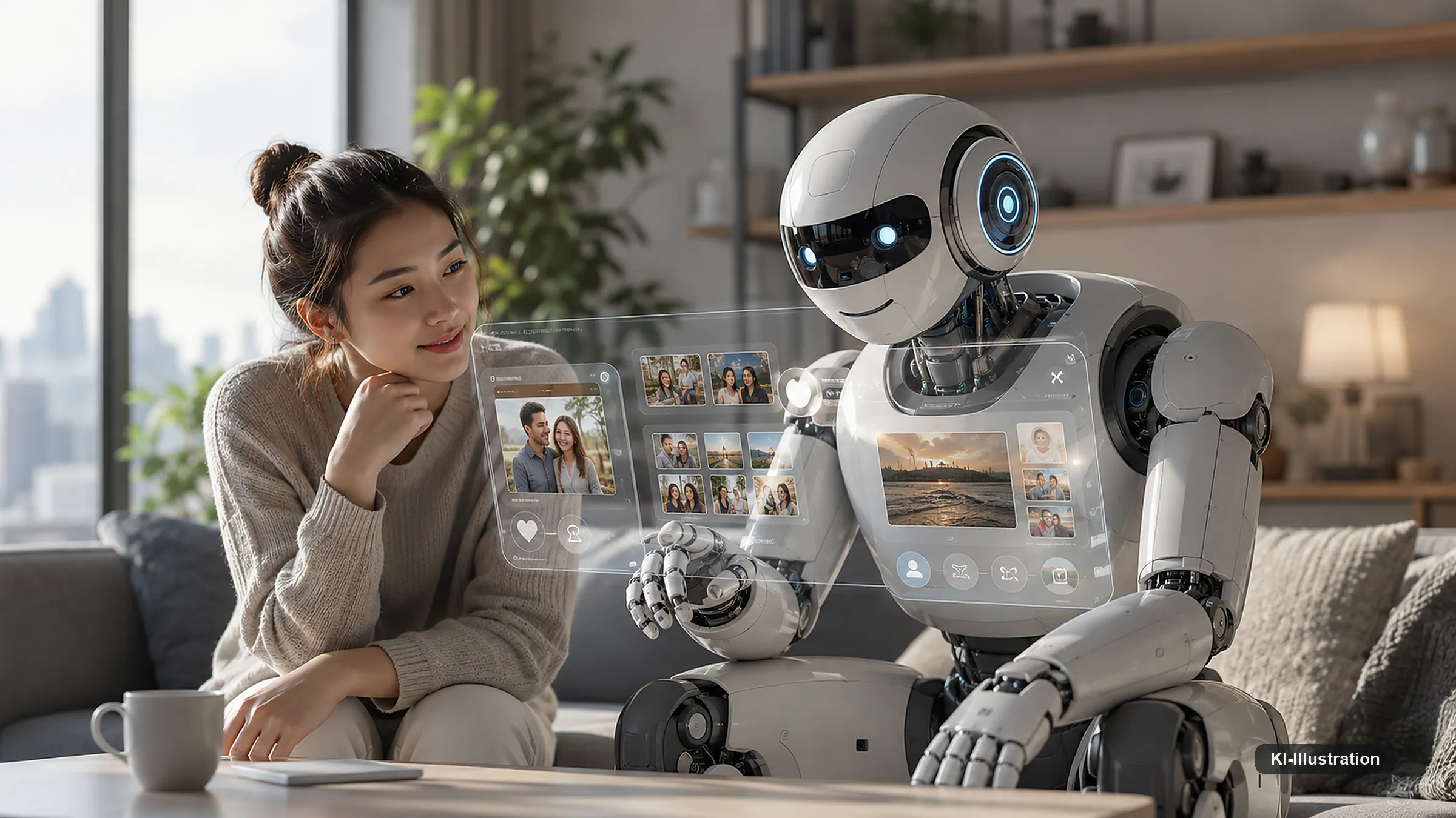 Wohnzimmer. Eine Frau sitzt auf einem Sofa neben einem humanoiden Roboter; zwischen beiden schwebt eine halbtransparente Fläche mit mehreren Fotos aus gemeinsamen Momenten.