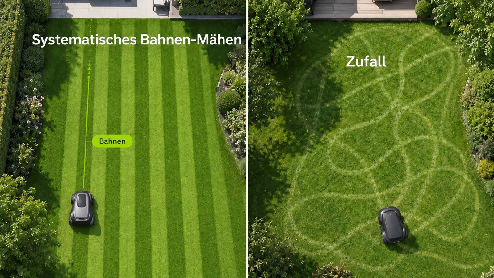 Infografik vergleicht systematisches Bahnen-Mähen mit dem Zufallsprinzip