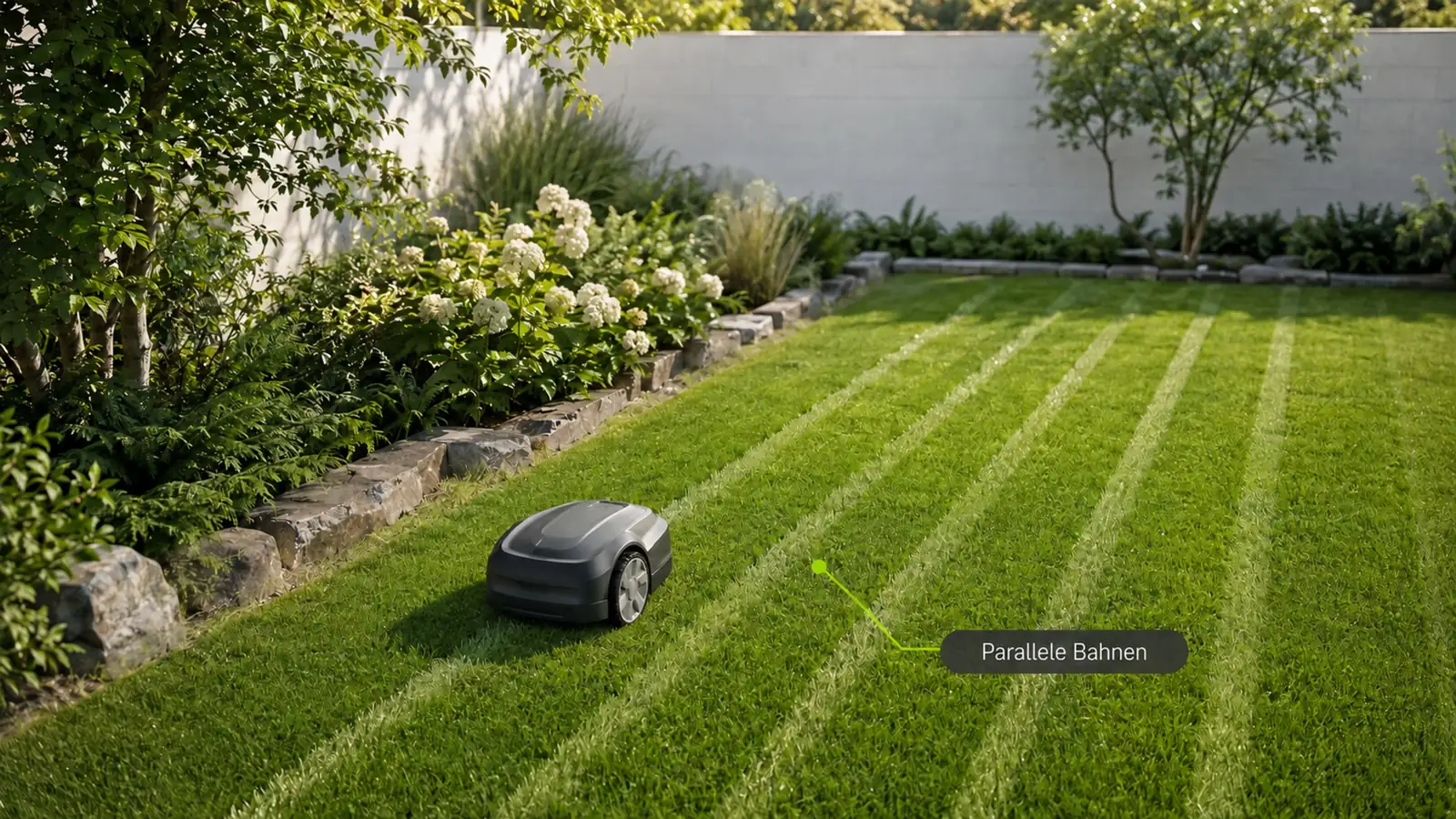 Mähroboter mit sichtbarem parallelem Mähmuster im Gras