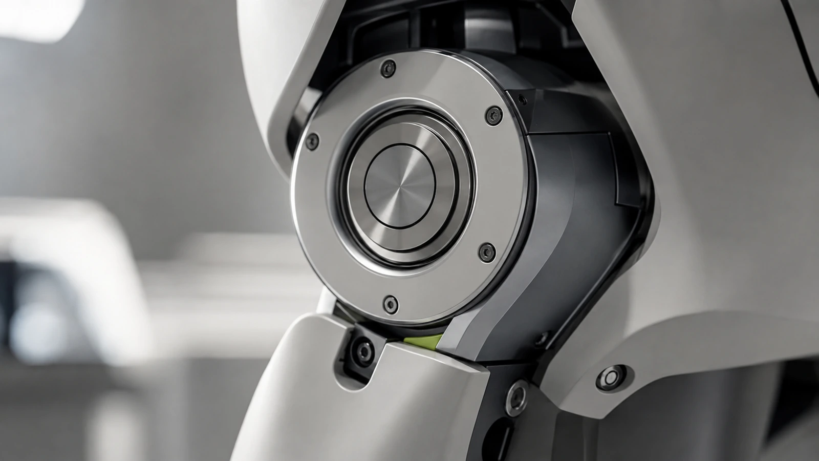 Makroaufnahme eines glatten elektrischen Gelenk-Aktuators ohne Hydraulikschlauch am Hüftbereich des Roboters