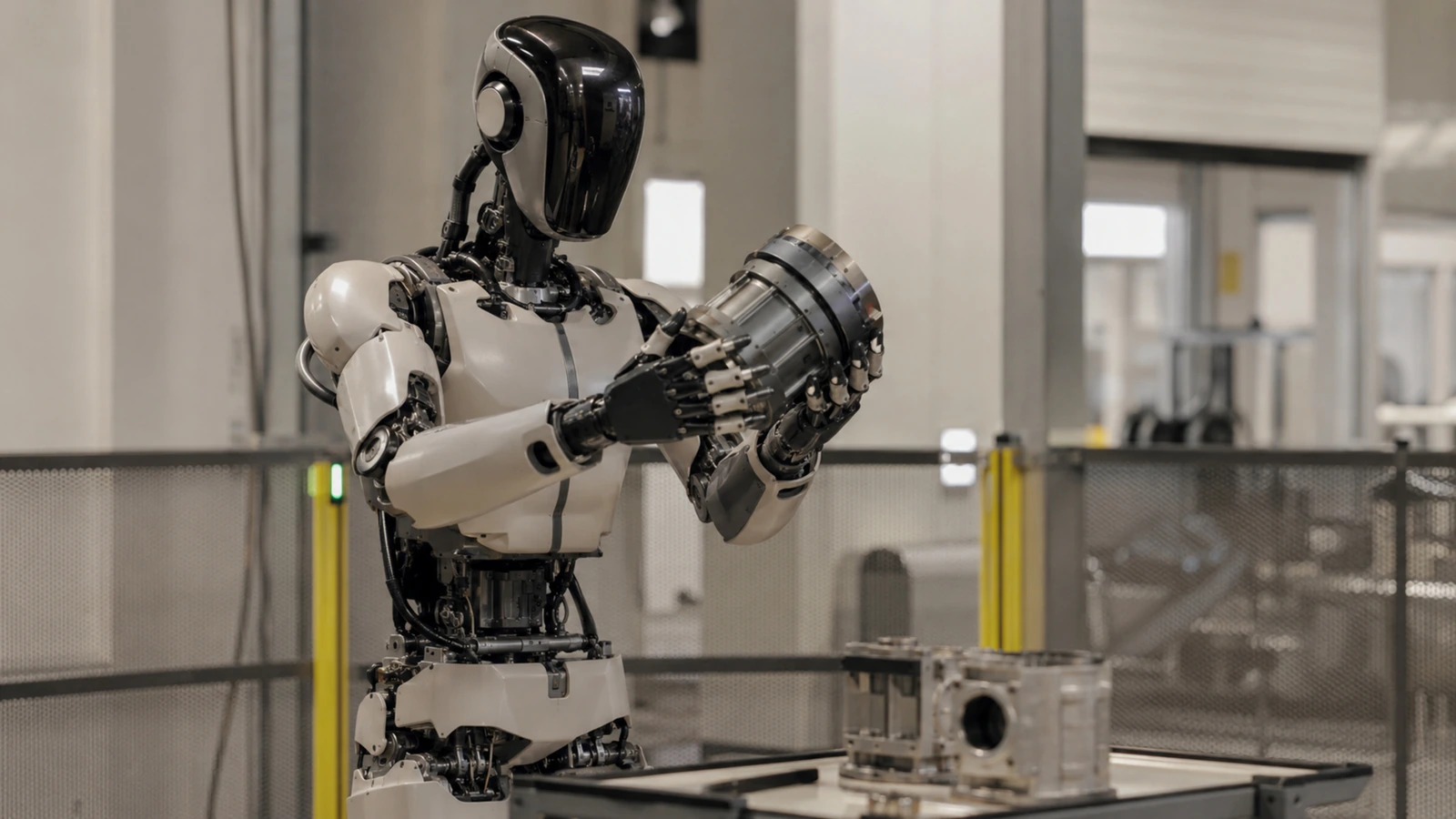 Humanoider Roboter hebt ein Testteil in einer Prüfzelle hinter einer angedeuteten Sicherheitsbarriere im Labor