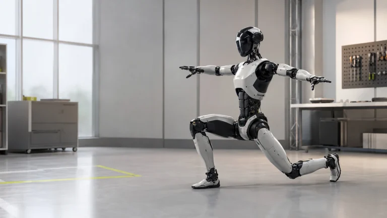 Athletischer humanoider Roboter im Stil des Boston Dynamics Atlas hält im hellen Forschungslabor eine tiefe, balancierte Pose