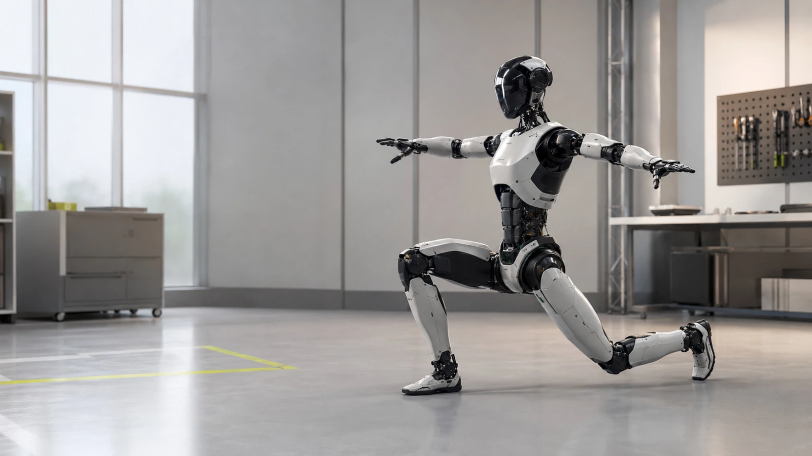 Athletischer humanoider Roboter im Stil des Boston Dynamics Atlas hält im hellen Forschungslabor eine tiefe, balancierte Pose