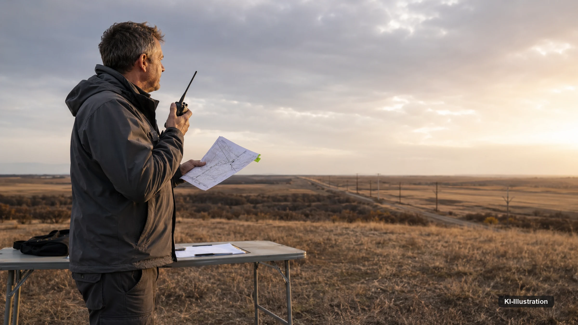 Ein Fernpilot steht auf einer Anhöhe über weiter Landschaft, spricht in ein Handfunkgerät und hält einen Papierplan mit Linienzügen; vor ihm ein Klapptisch mit Tasche und Notizblatt.