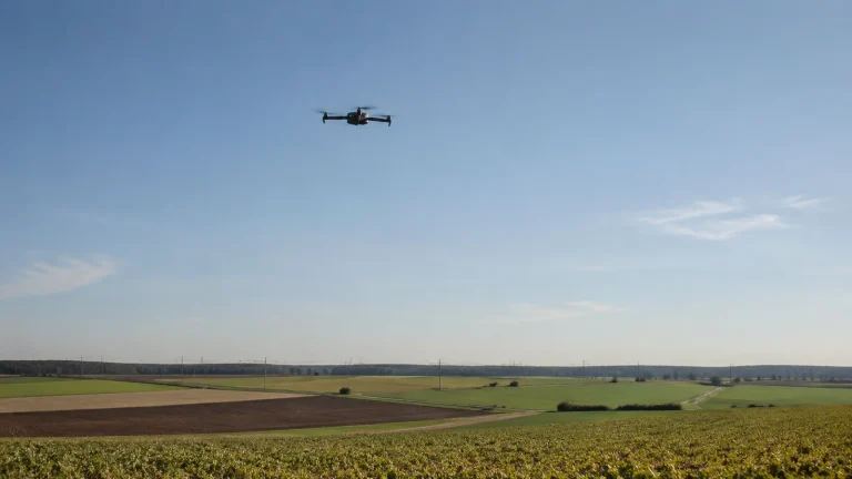 Profi-Drohne fliegt über offene Landschaft mit Infrastrukturlinie am Horizont, klare Sicht.