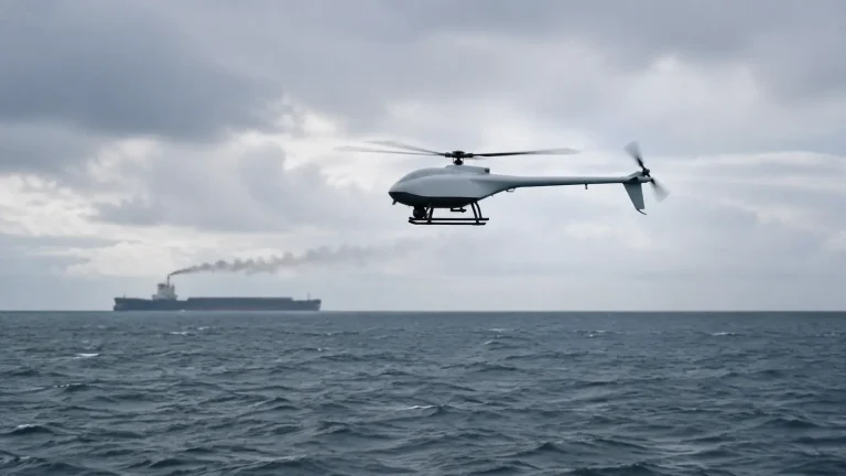 Unbemannter Hubschrauber im Flug über offener See, im Hintergrund ein Frachter mit Abgasfahne.
