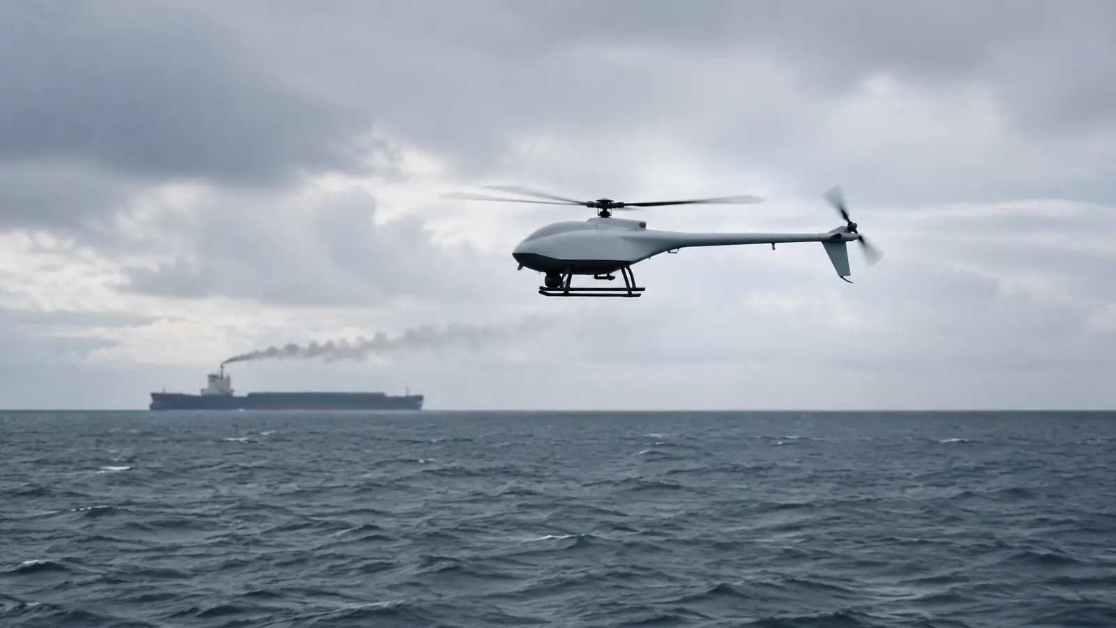 Unbemannter Hubschrauber im Flug über offener See, im Hintergrund ein Frachter mit Abgasfahne.