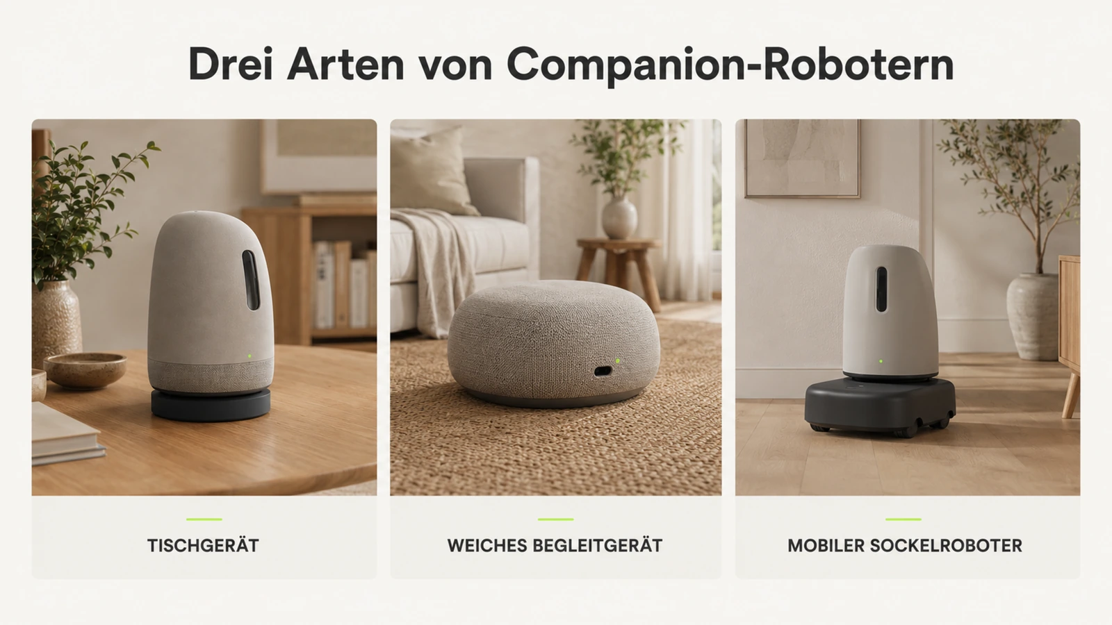 Drei unterschiedliche Companion-Roboter nebeneinander: Tischgerät, plüschiges Gerät und Rollsockel