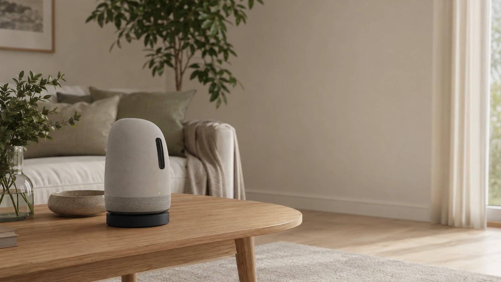 Kleiner freundlicher Companion-Roboter auf dem Wohnzimmertisch im weichen Nachmittagslicht