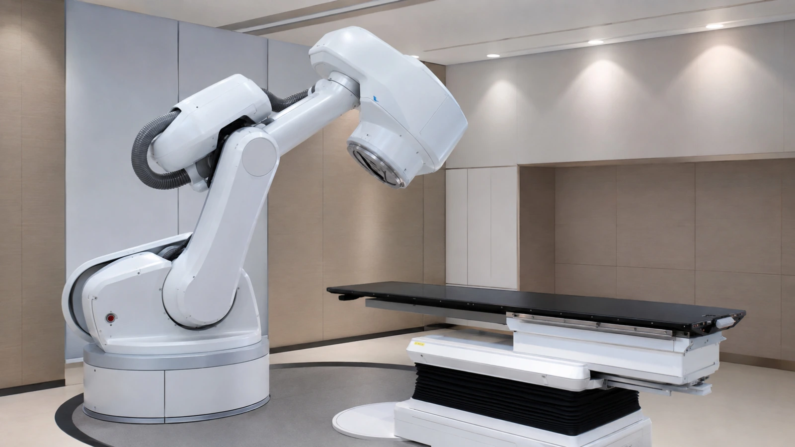 Roboterarm mit Bestrahlungskopf aus einem anderen Winkel, der sich um die Behandlungsliege bewegt