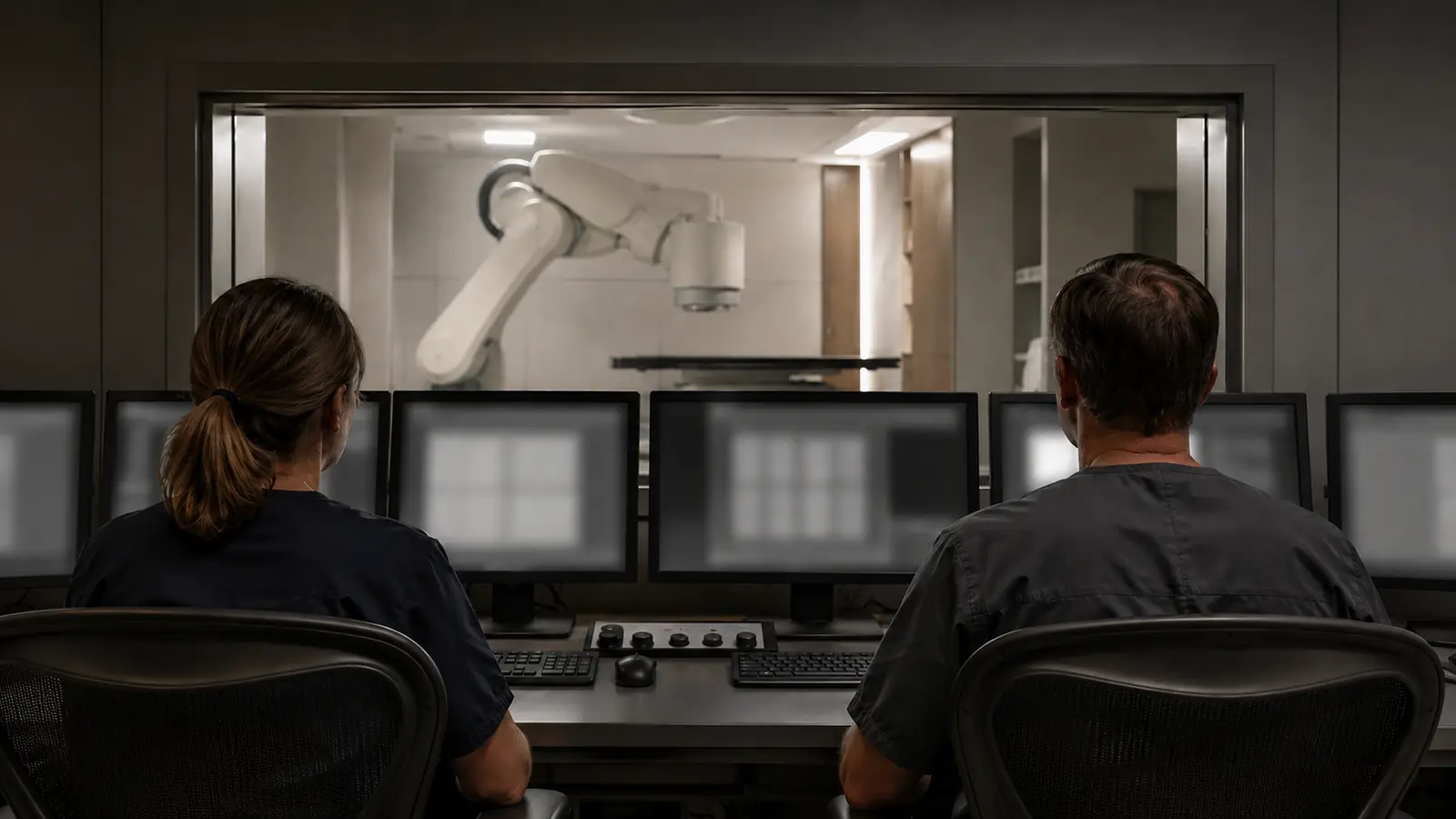 Personal überwacht die CyberKnife-Behandlung vom Kontrollraum neben dem Bestrahlungsraum