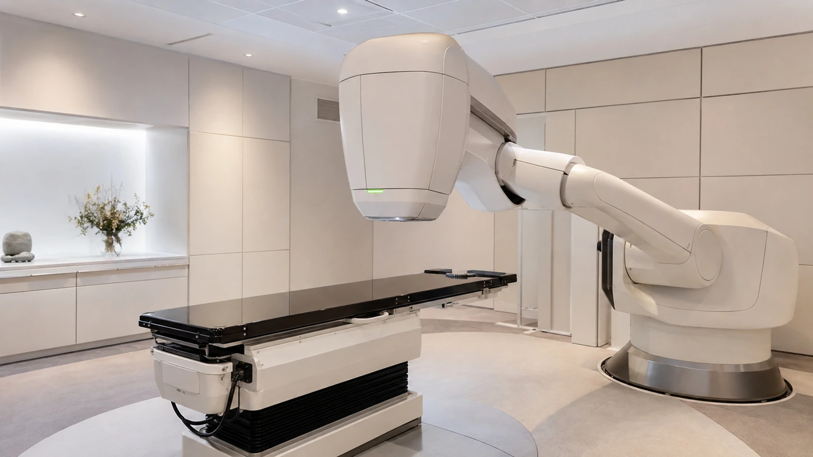 Großer Roboterarm mit kompaktem Bestrahlungskopf über einer leeren Behandlungsliege im Strahlentherapie-Raum