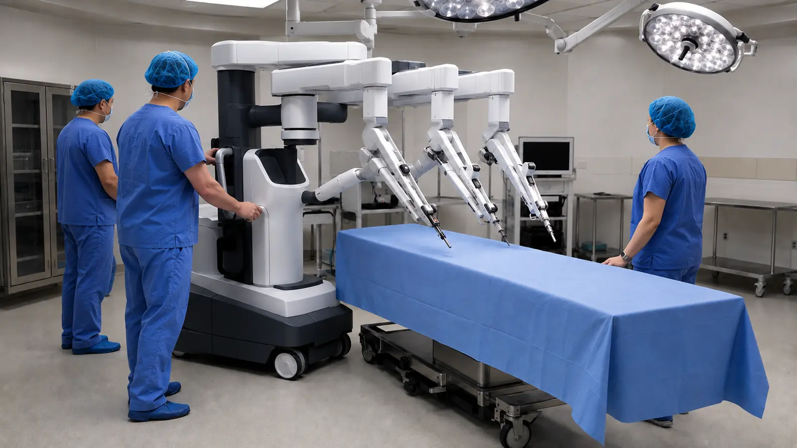 OP-Team fährt den vierarmigen Da-Vinci-Roboter an den Tisch und richtet die Arme aus