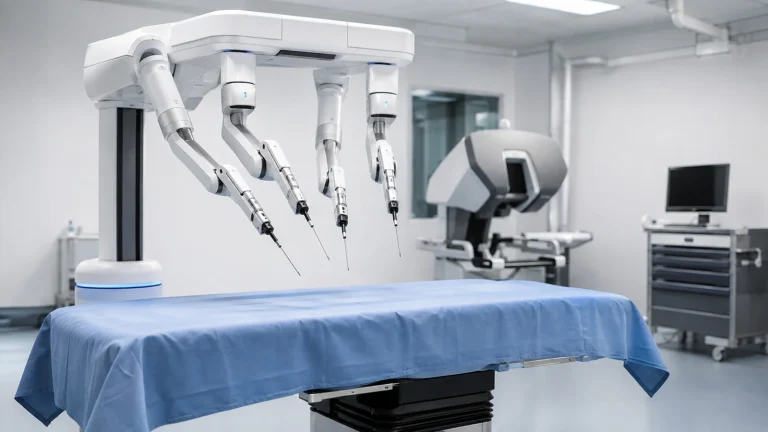Generischer vierarmiger Weichgewebe-OP-Roboter über einem abgedeckten Tisch, die Konsole unscharf im Hintergrund