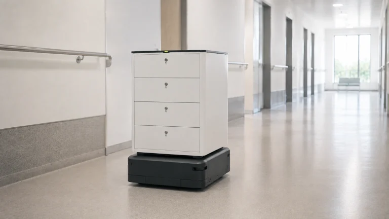 Mobiler Serviceroboter mit geschlossenen, abschließbaren Schubladen auf einem Klinikflur.