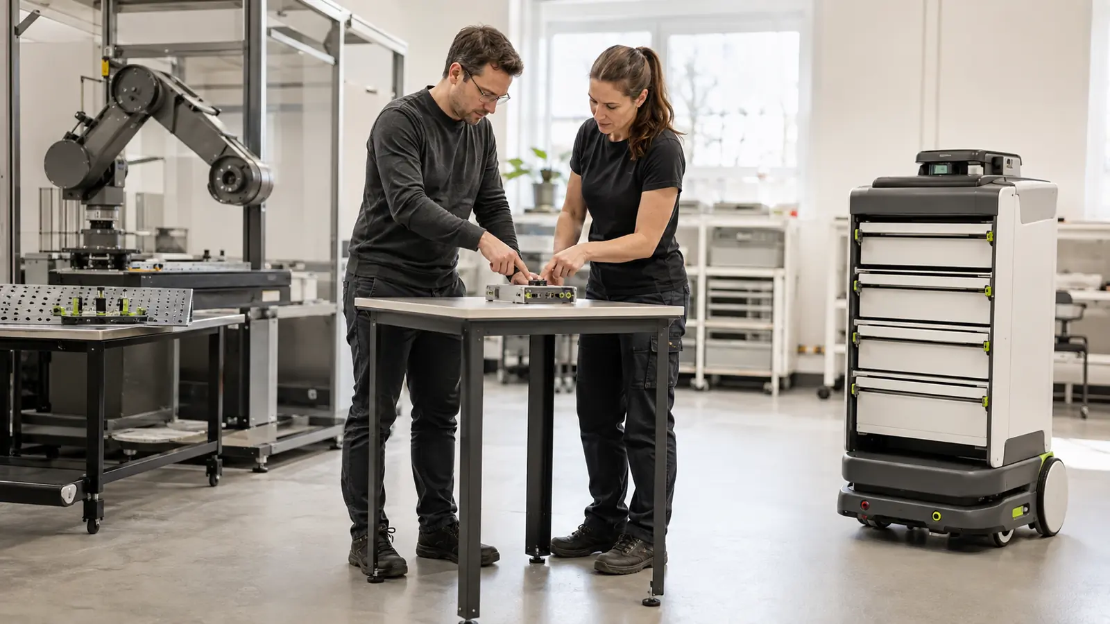 Zwei Fachkräfte arbeiten gemeinsam an einem Gerät in einem Robotiklabor.