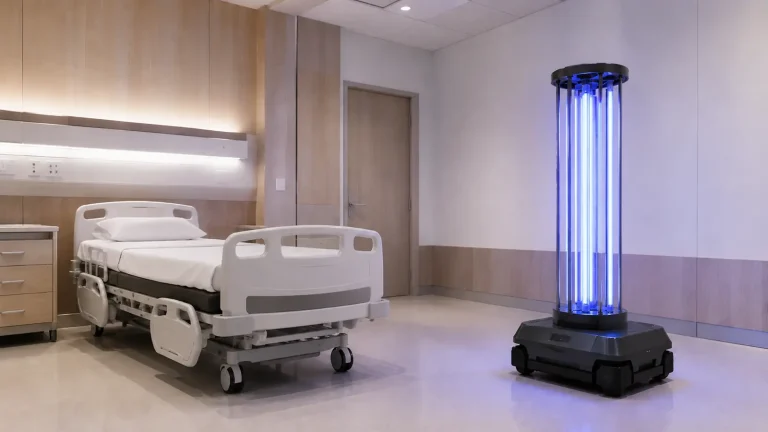 Mobiler Desinfektionsroboter mit UV-C-Lampen in einem leeren Patientenzimmer