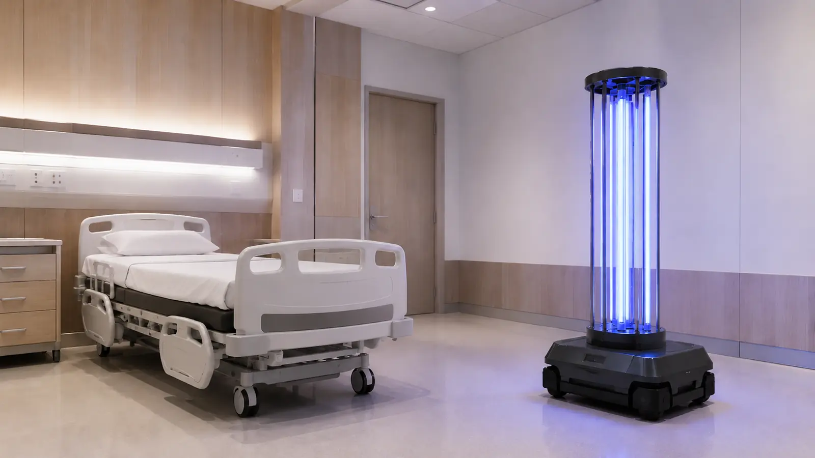 Mobiler Desinfektionsroboter mit UV-C-Lampen in einem leeren Patientenzimmer