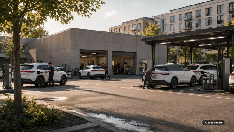 Betriebshof im Morgenlicht. Mehrere weiße Fahrzeuge mit Sensordach stehen an Ladesäulen unter einem Vordach, Beschäftigte in Arbeitskleidung reinigen und stecken Ladekabel an. Im Hintergrund offene Werkstatttore und ein Wohnquartier.