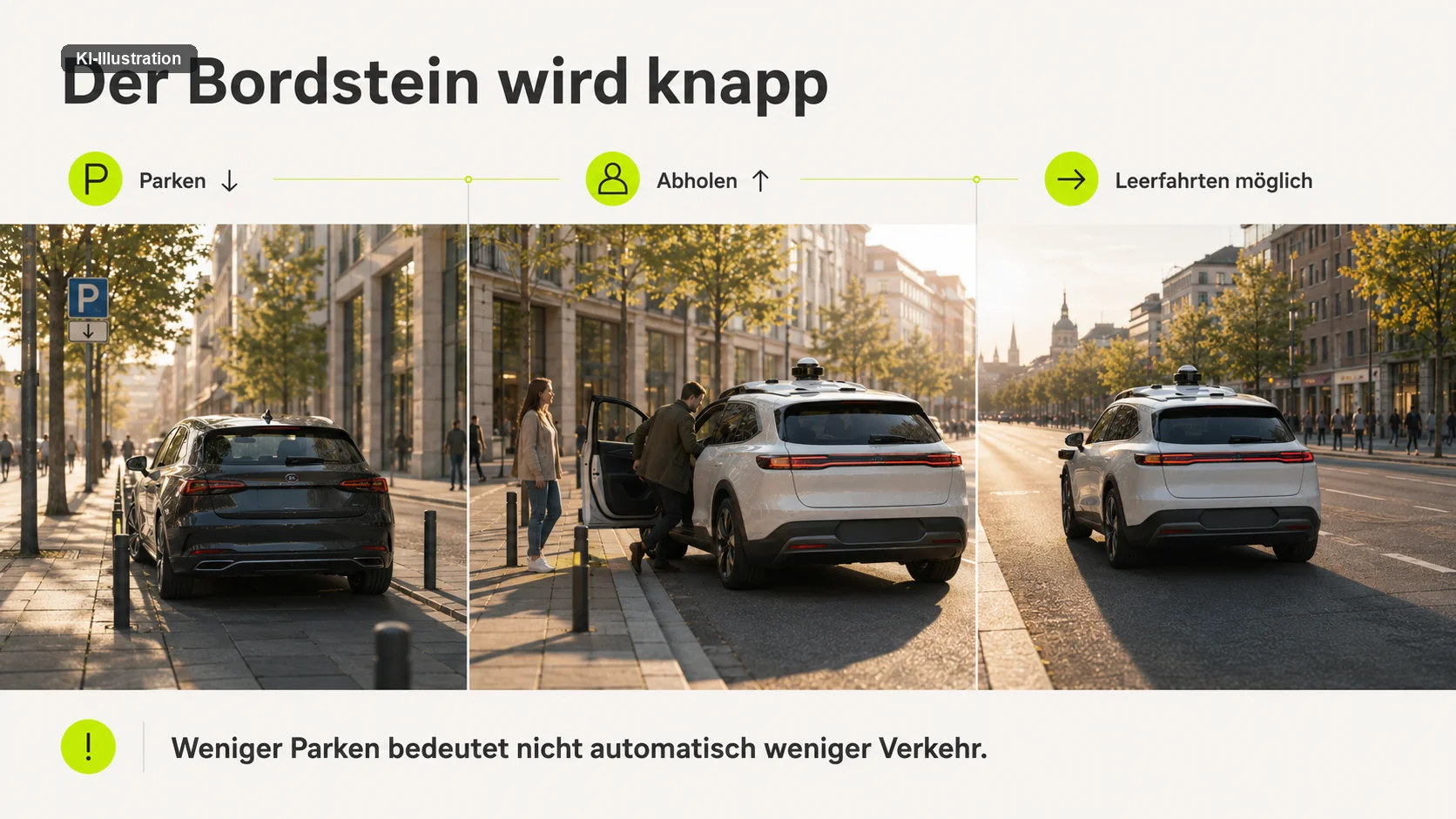 Dreiteiliges Bild einer Innenstadtstraße mit den Beschriftungen Parken, Abholen und Leerfahrten möglich. Links ein geparktes Fahrzeug am Bordstein, in der Mitte steigt jemand in ein Fahrzeug mit Sensordach ein, rechts fährt dasselbe Fahrzeug leer weiter. Darunter der Satz: Weniger Parken bedeutet nicht automatisch weniger Verkehr.