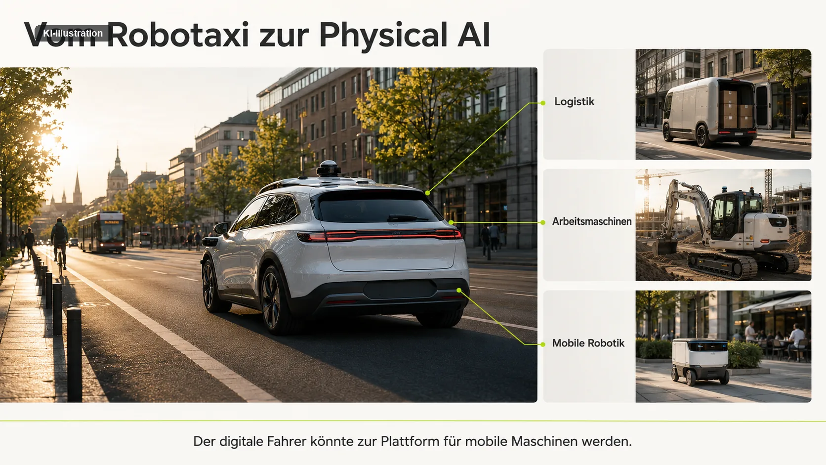 Schaubild mit der Überschrift Vom Robotaxi zur Physical AI. Links ein Fahrzeug mit Sensordach auf einer Stadtstraße, rechts drei kleinere Bilder mit den Beschriftungen Logistik, Arbeitsmaschinen und mobile Robotik, durch Linien mit dem Fahrzeug verbunden. Darunter: Der digitale Fahrer könnte zur Plattform für mobile Maschinen werden.