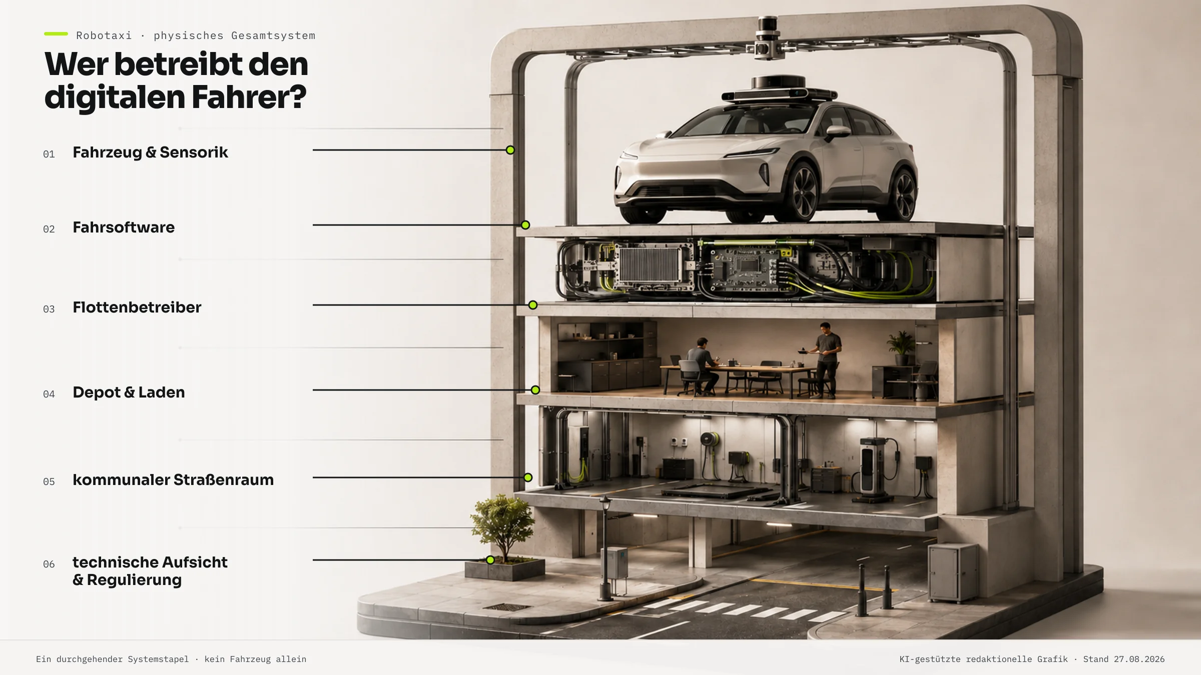 Schaubild als Gebäudequerschnitt mit sechs Ebenen: Fahrzeug und Sensorik, Fahrsoftware, Flottenbetreiber, Depot und Laden, kommunaler Straßenraum, technische Aufsicht.