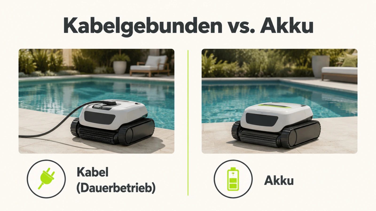 Grafik zum Vergleich: kabelgebundener Poolroboter im Dauerbetrieb gegenüber Akku-Modell