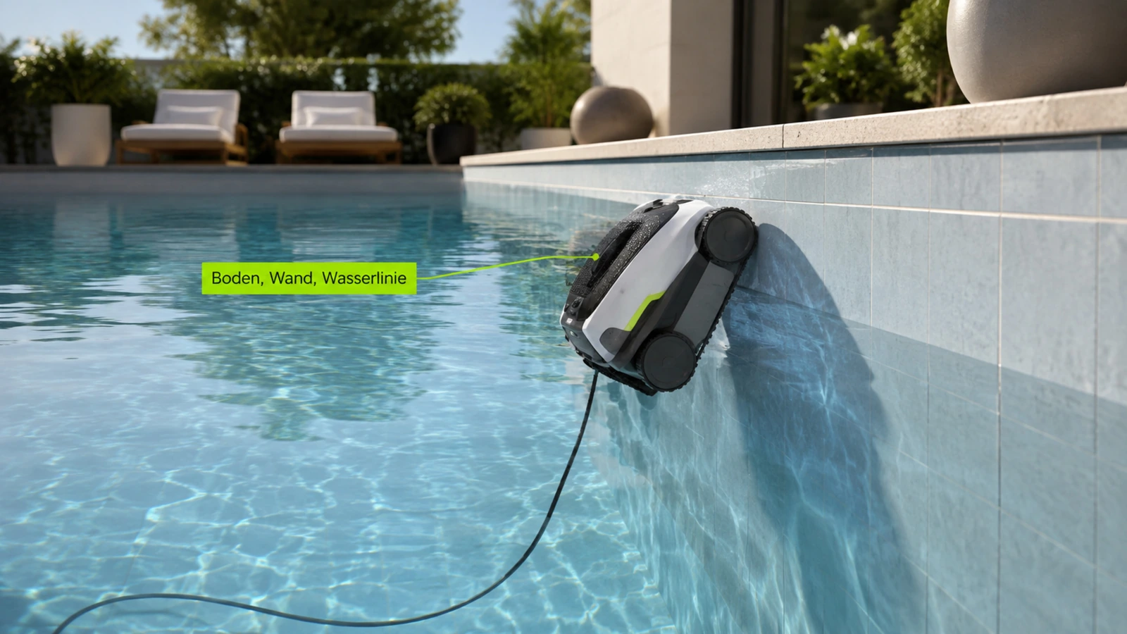 Poolroboter klettert die Wand und reinigt Boden, Wand und Wasserlinie