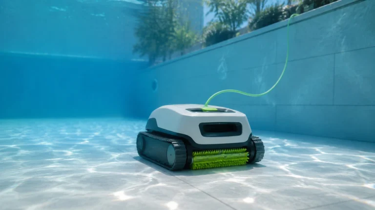 Kabelgebundener Poolroboter reinigt den Beckenboden, ein dünnes Kabel führt zum Rand