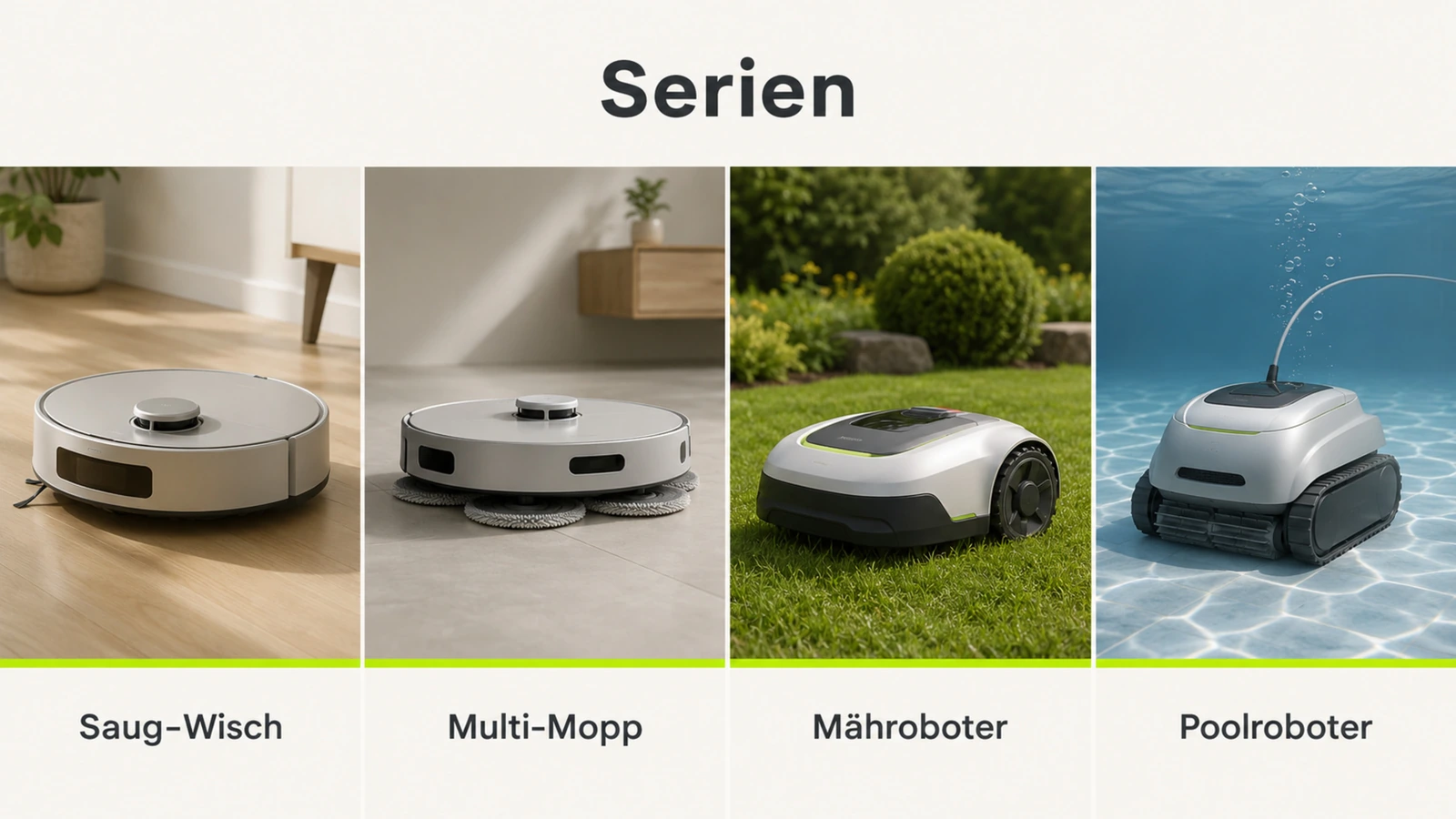 Infografik: Geräteserien mit Saug-Wisch-Robotern, Multi-Mopp, Mährobotern und Poolrobotern
