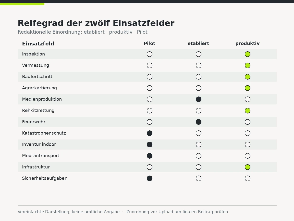 Matrix der zwölf Einsatzfelder mit Reifegrad-Stufen von Pilot bis produktiv als Übersicht.