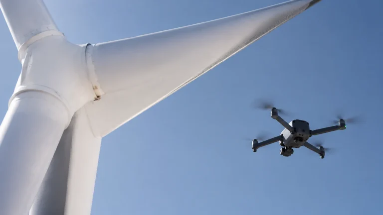 Profi-Drohne inspiziert ein Rotorblatt einer Windkraftanlage aus kurzer Distanz, klare Sicht.