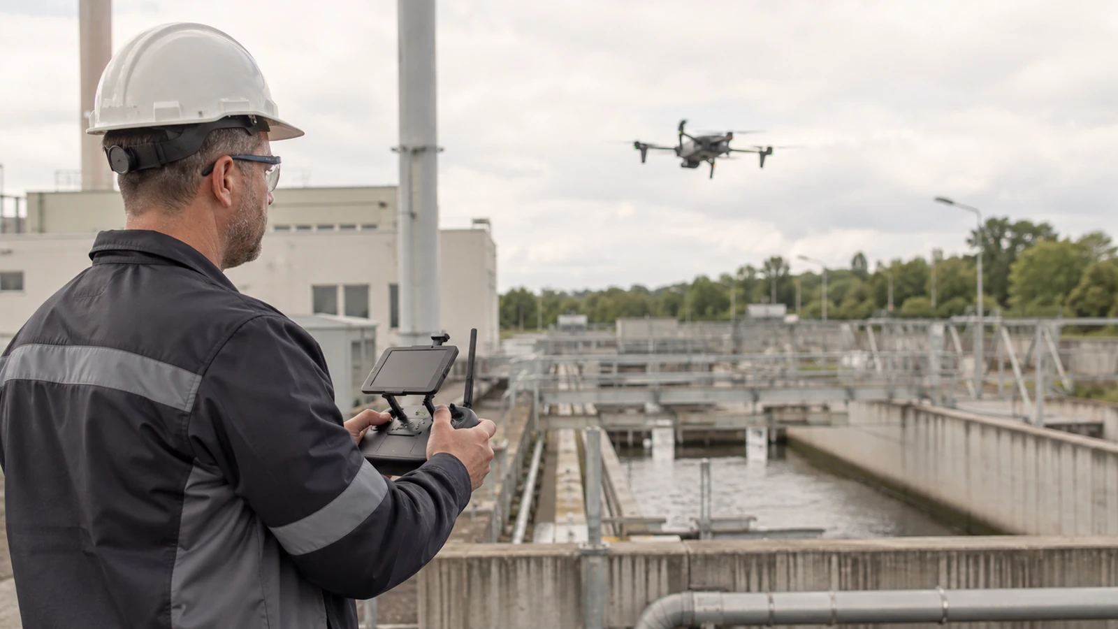 Fernpilot steuert eine Profi-Drohne im industriellen Umfeld