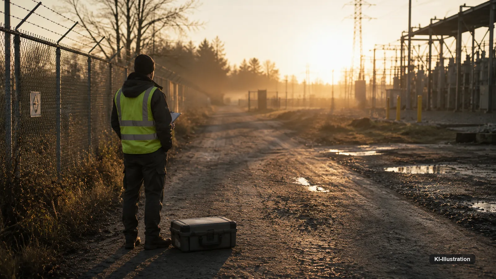 Person in Warnweste mit Klemmbrett auf einem Schotterweg vor einem Umspannwerk im Gegenlicht, daneben ein geschlossener Transportkoffer am Boden.