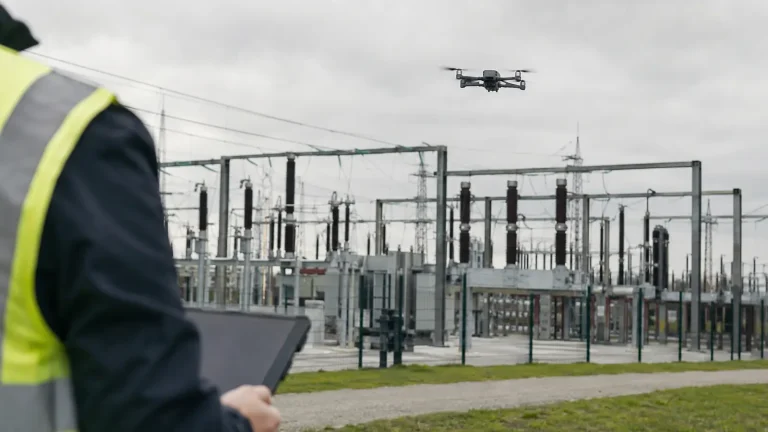 Inspektionsdrohne im Schwebeflug vor einer Umspannanlage, im Vordergrund unscharf eine Person mit Warnweste und Tablet.