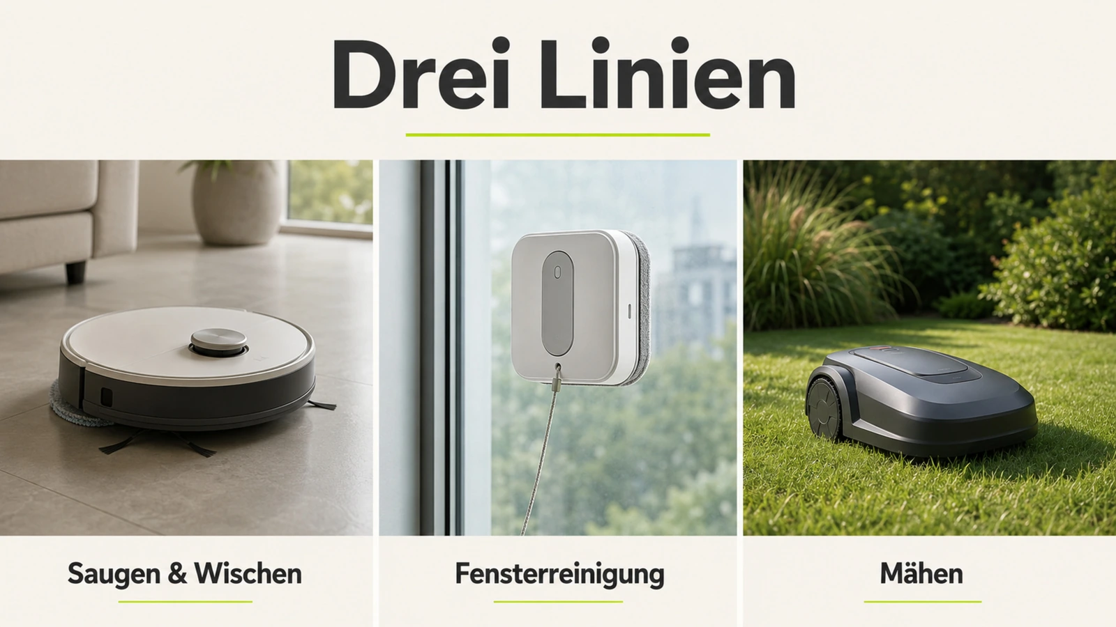 Drei Ecovacs-Linien: Deebot saugt und wischt, Winbot reinigt Fenster, Goat mäht — die Poollinie Ultramarine fehlt in der Grafik.