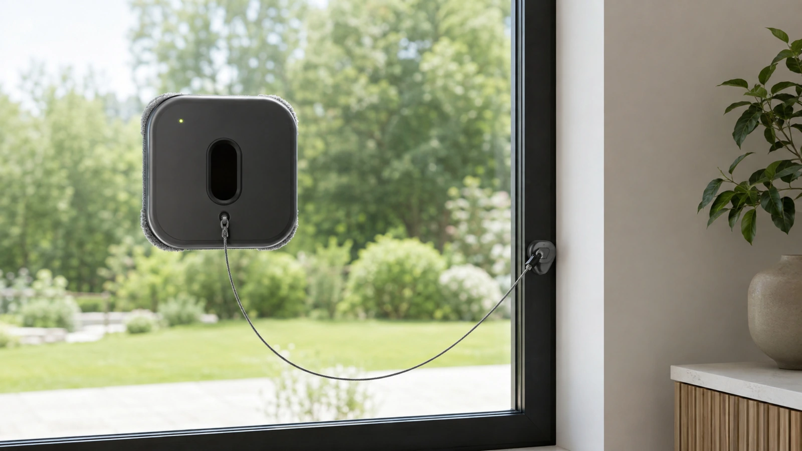 Fensterroboter haftet mit Sicherheitsseil an einer großen Glasscheibe