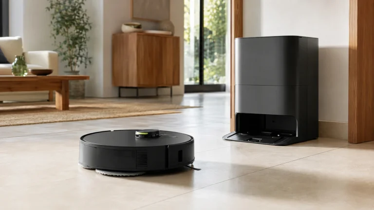Saug-Wisch-Roboter mit Station in einem hellen Wohnraum