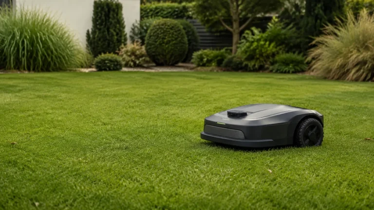 Generischer Mähroboter fährt über einen gepflegten Rasen, im Hintergrund angedeutete Satelliten- und Kamera-Navigation.