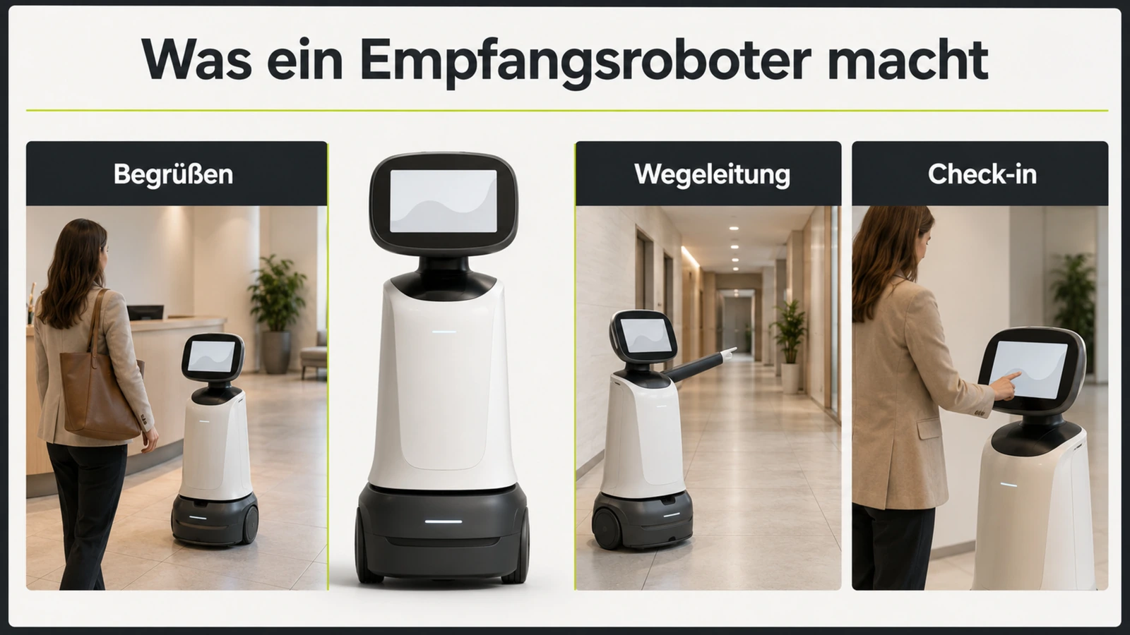 Grafik zeigt die Aufgaben eines Empfangsroboters: Begrüßen, Wegeleitung und Check-in nebeneinander