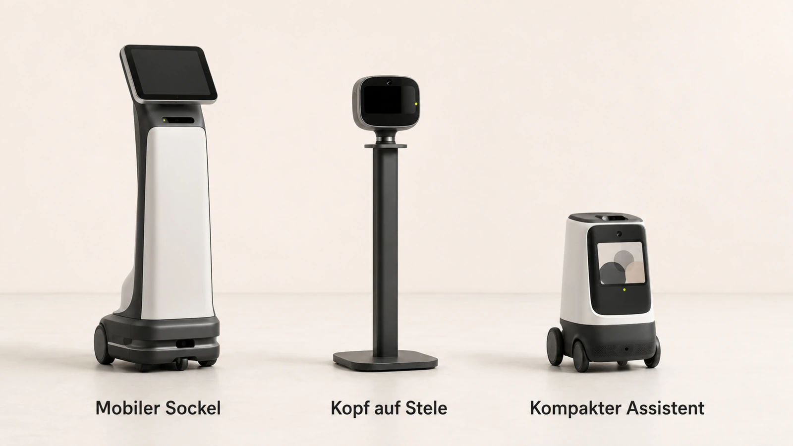 Drei Bauarten von Empfangsrobotern im Überblick: mobiler Sockel-Roboter, Roboterkopf auf Stele und kompakter Assistent