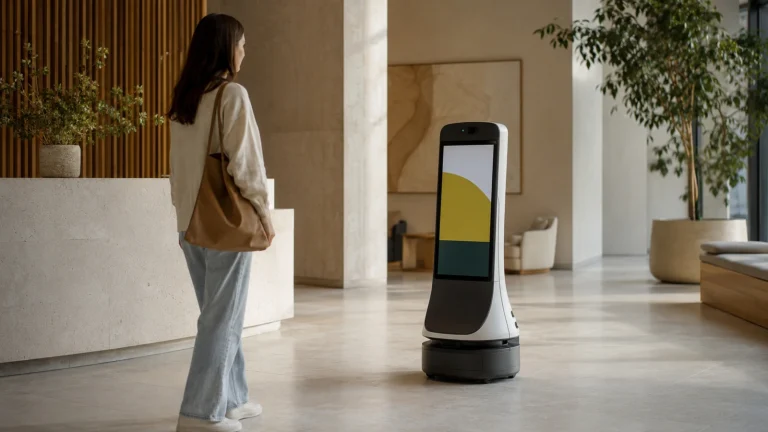 Generischer Empfangsroboter mit Touch-Display begrüßt Besucher in einem hellen, ruhigen Foyer