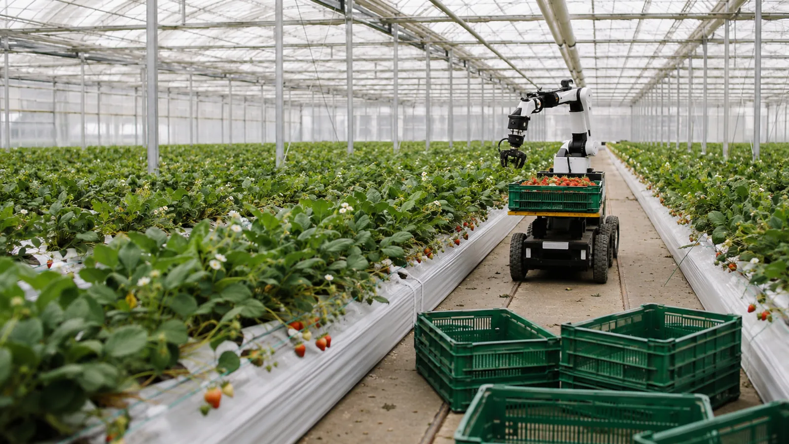 Ernteroboter arbeitet allein in der Reihe, daneben stehen leere Erntekisten statt fehlender Erntekräfte