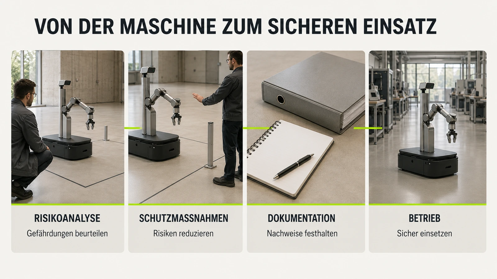 Roboter überquert eine markierte Schwelle am Boden, abstrakte Regel-Grenze