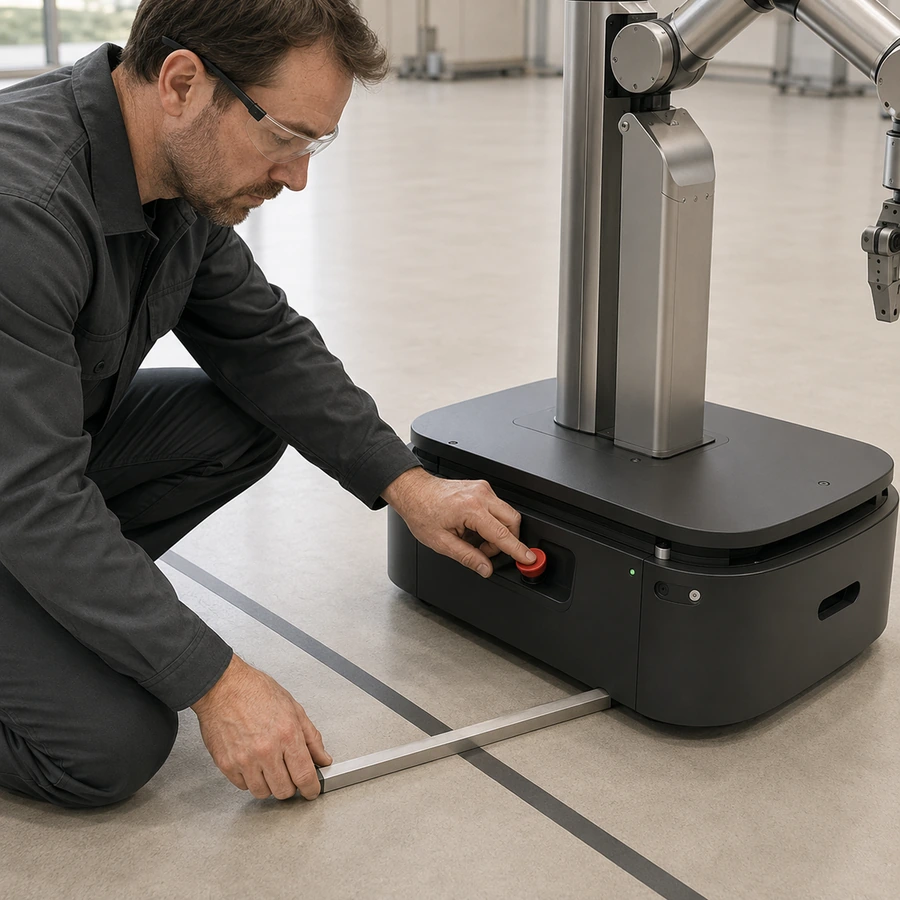 Close-up einer Roboterhand auf einer klaren geometrischen Fläche, Sinnbild für Ordnung und Konformität